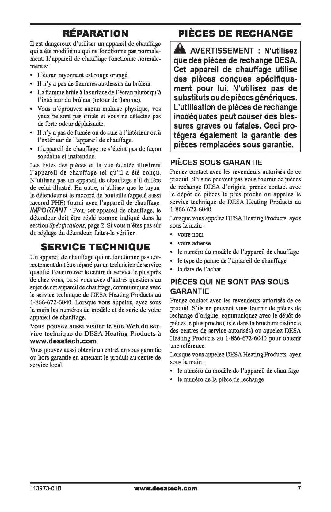 Desa AND TT30 10 owner manual Réparation, Service Technique, Pièces De Rechange, Pièces Sous Garantie 