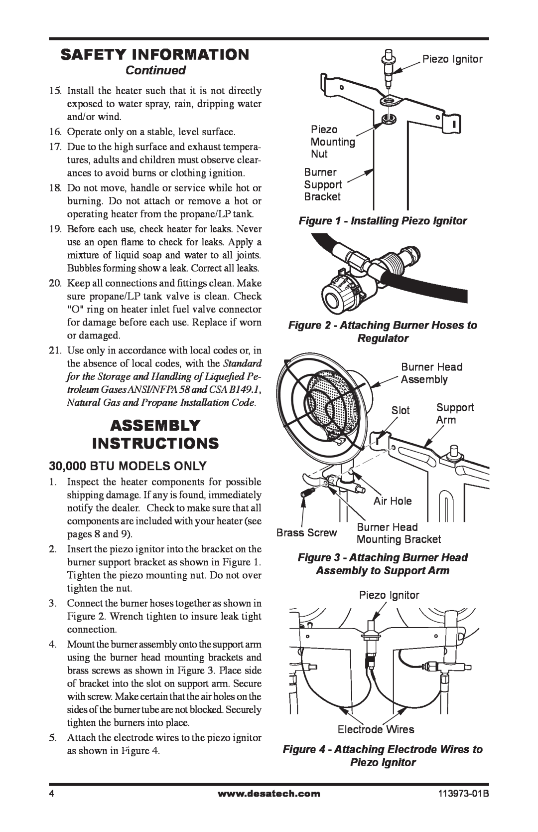 Desa AND TT30 10 Safety Information, Assembly Instructions, Continued, 30,000 BTU MODELS ONLY, Installing Piezo Ignitor 