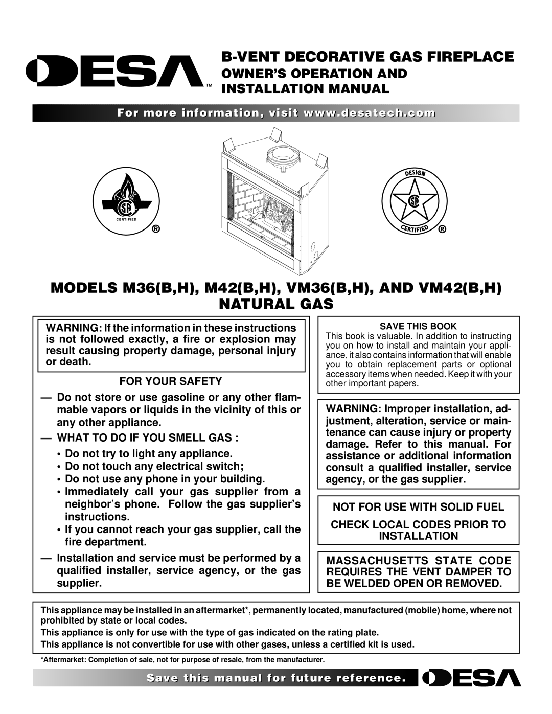 Desa AND VM42 installation manual Vent Decorative GAS Fireplace, Natural GAS, For Your Safety, What to do if YOU Smell GAS 