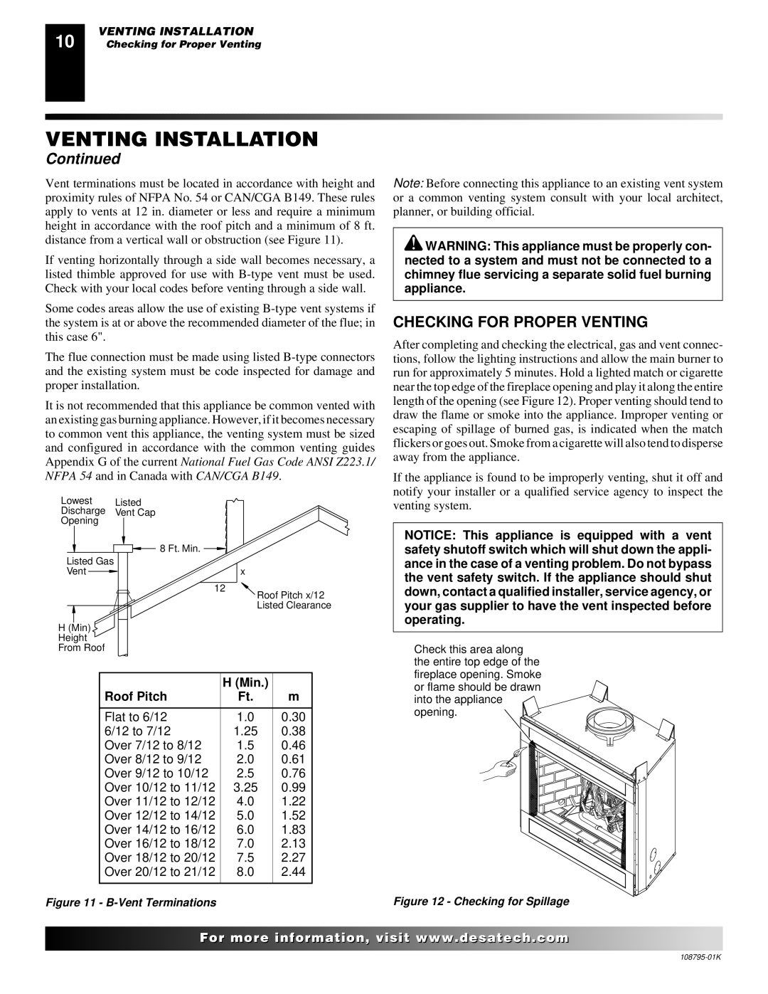 Desa AND VM42 installation manual Checking for Proper Venting, Min Roof Pitch 