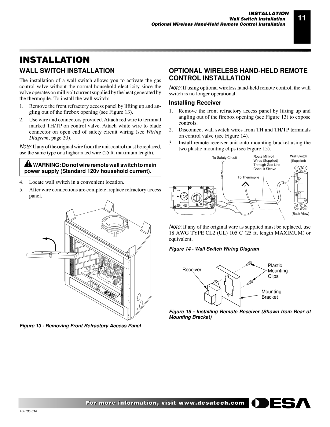 Desa AND VM42 Wall Switch Installation, Optional Wireless HAND-HELD Remote Control Installation, Installing Receiver 