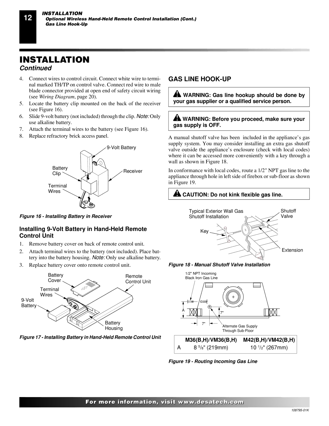 Desa AND VM42 installation manual GAS Line HOOK-UP, Installing 9-Volt Battery in Hand-Held Remote Control Unit 