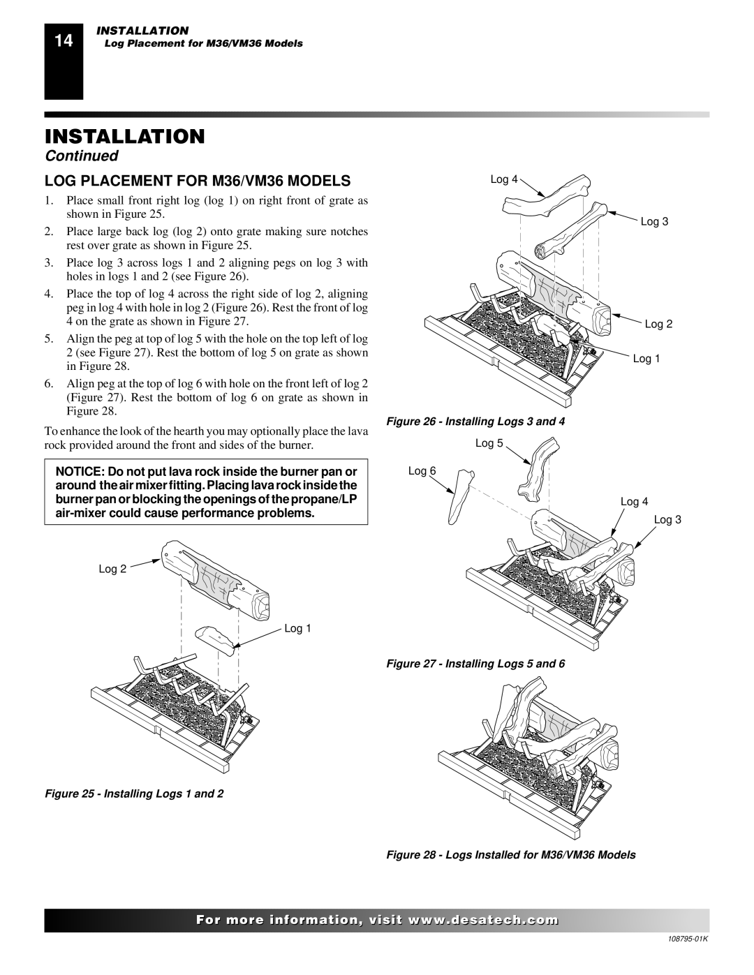 Desa AND VM42 installation manual LOG Placement for M36/VM36 Models, Installing Logs 3 