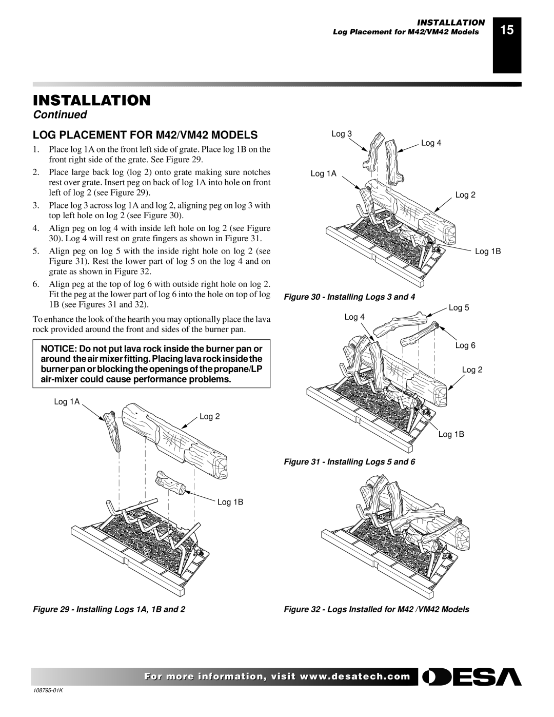 Desa AND VM42 installation manual LOG Placement for M42/VM42 Models, Rest the lower part of log 5 on the log 4 and on 