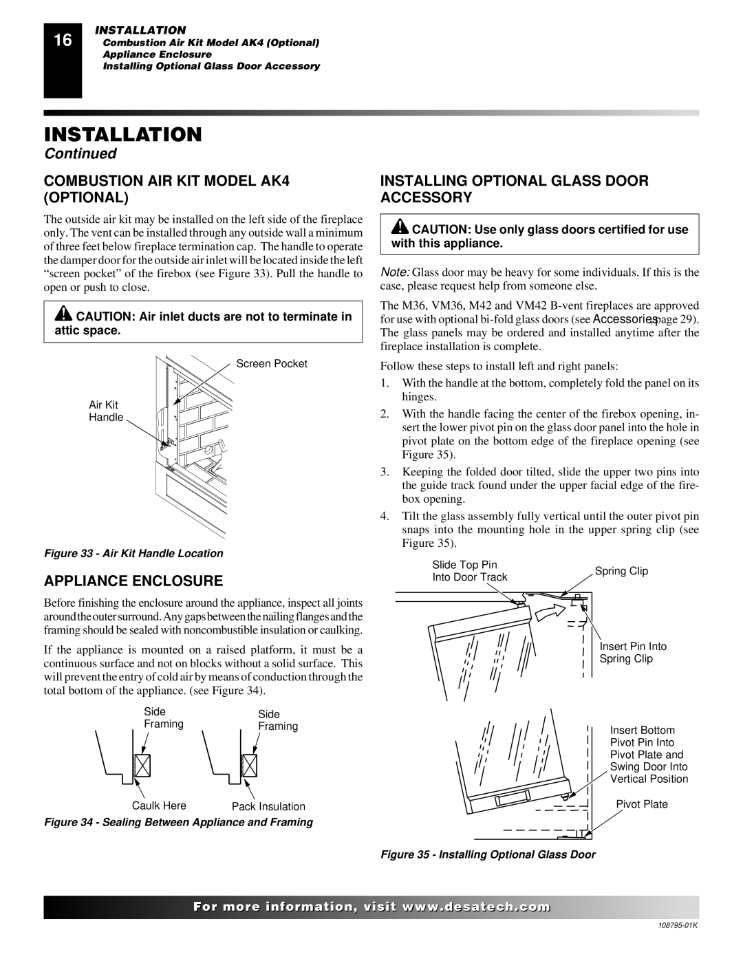 Desa AND VM42 Combustion AIR KIT Model AK4 Optional, Appliance Enclosure, Installing Optional Glass Door Accessory 