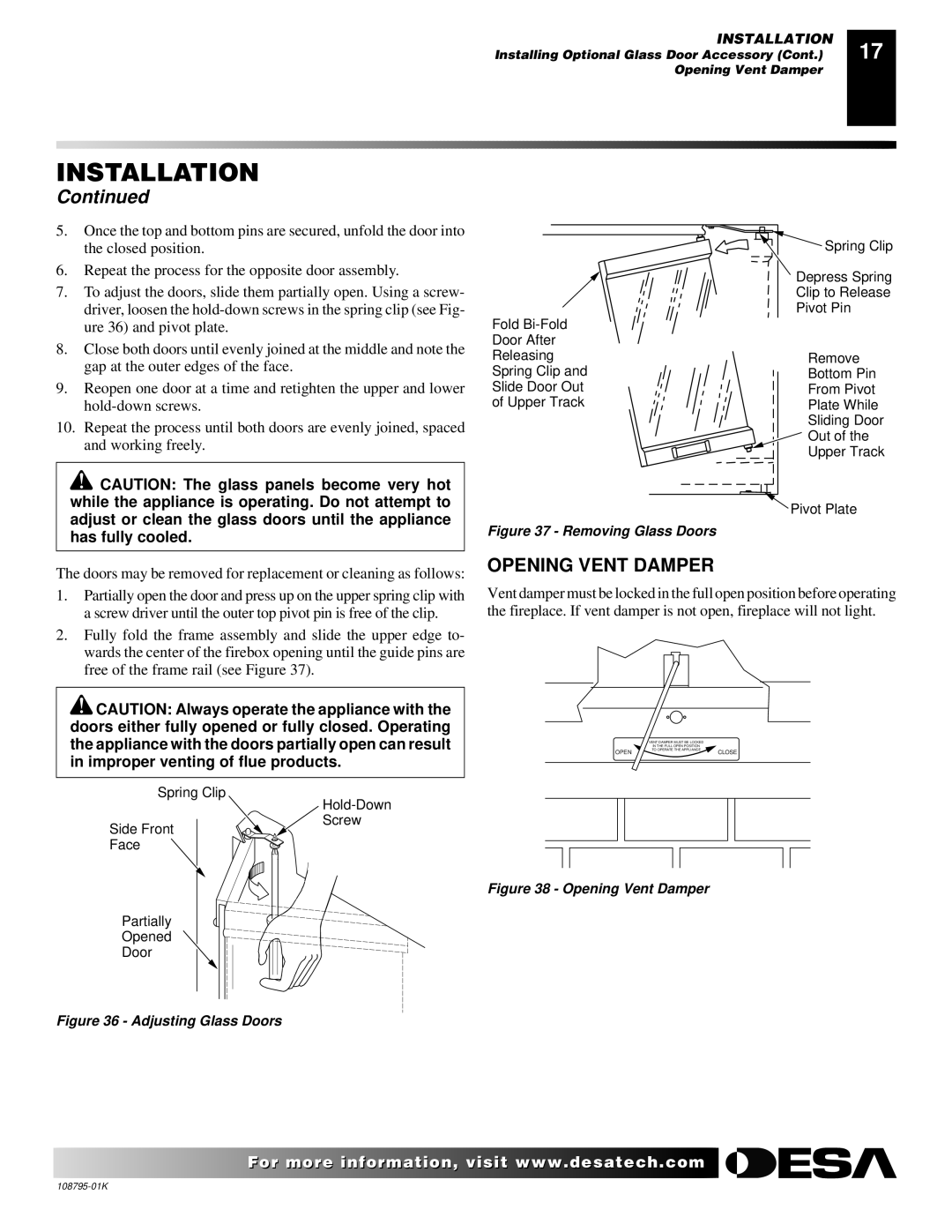 Desa AND VM42 installation manual Opening Vent Damper, Removing Glass Doors 