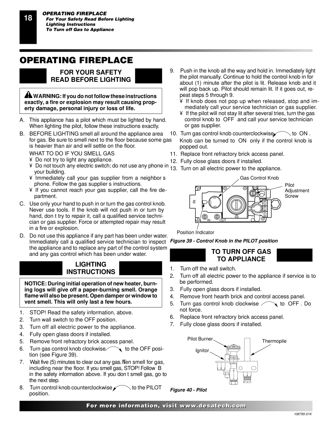 Desa AND VM42 installation manual Operating Fireplace, For Your Safety Read Before Lighting, Lighting Instructions 