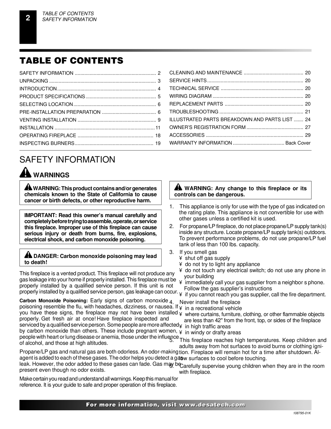 Desa AND VM42 installation manual Table of Contents, Safety Information 