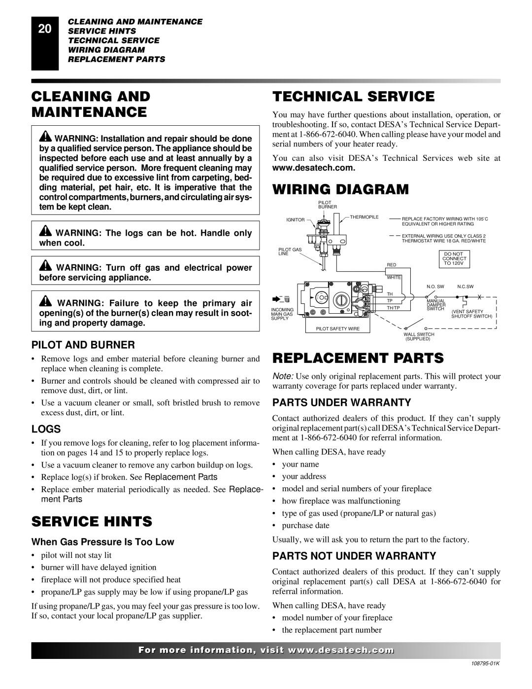 Desa AND VM42 installation manual Cleaning Maintenance Technical Service, Wiring Diagram, Service Hints, Replacement Parts 