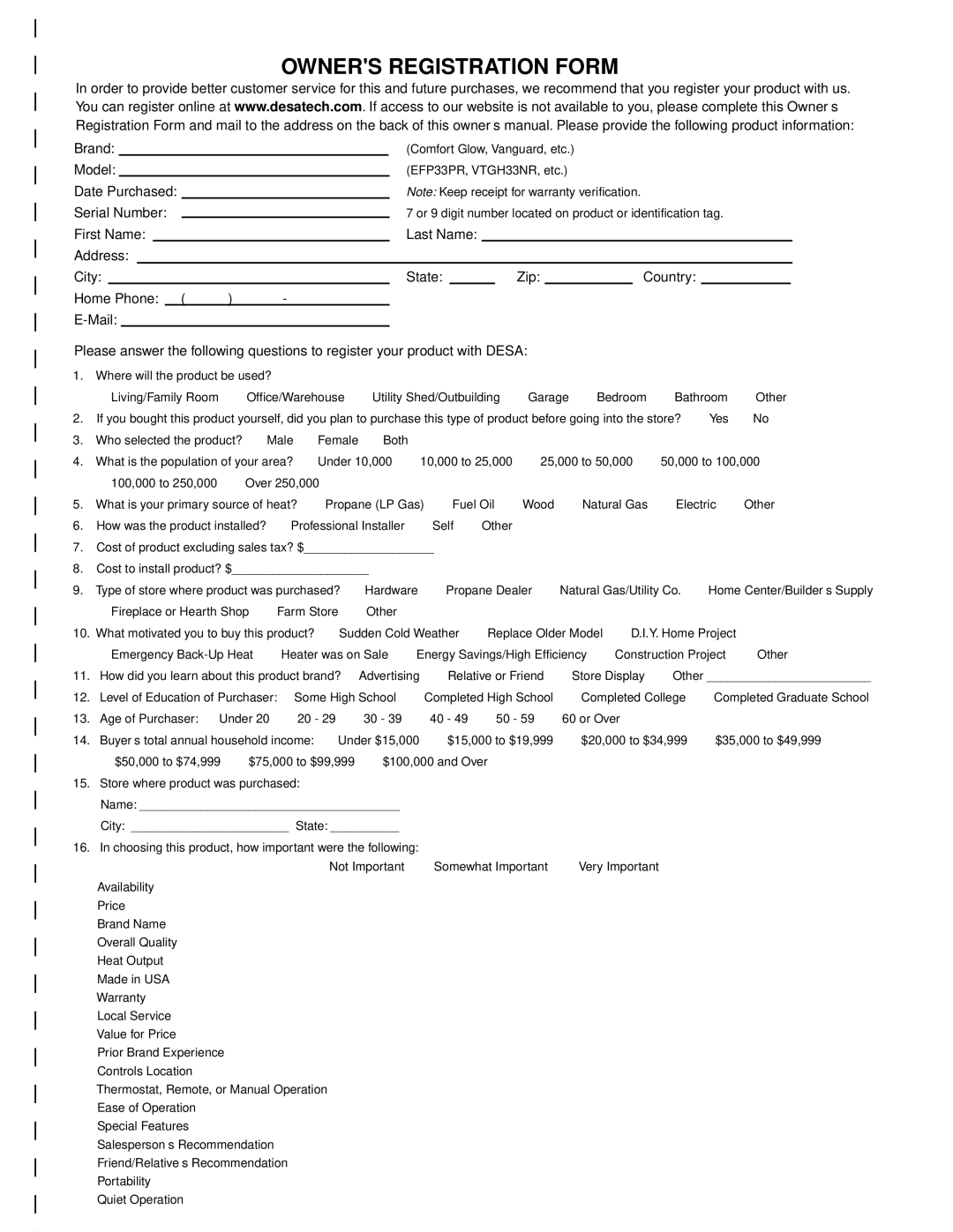 Desa AND VM42 installation manual Owners Registration Form 