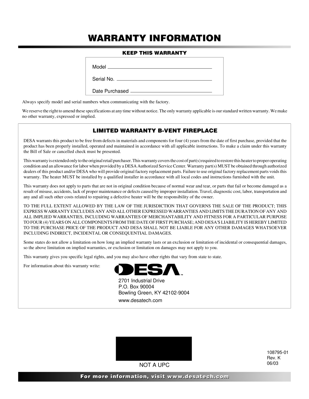 Desa AND VM42 installation manual Warranty Information 