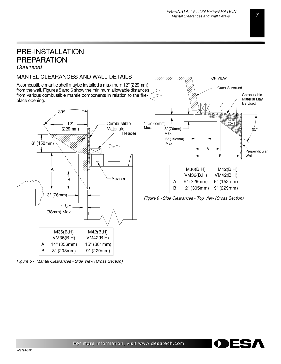 Desa AND VM42 installation manual Mantel Clearances and Wall Details, M36B,H M42B,H VM36B,H VM42B,H 