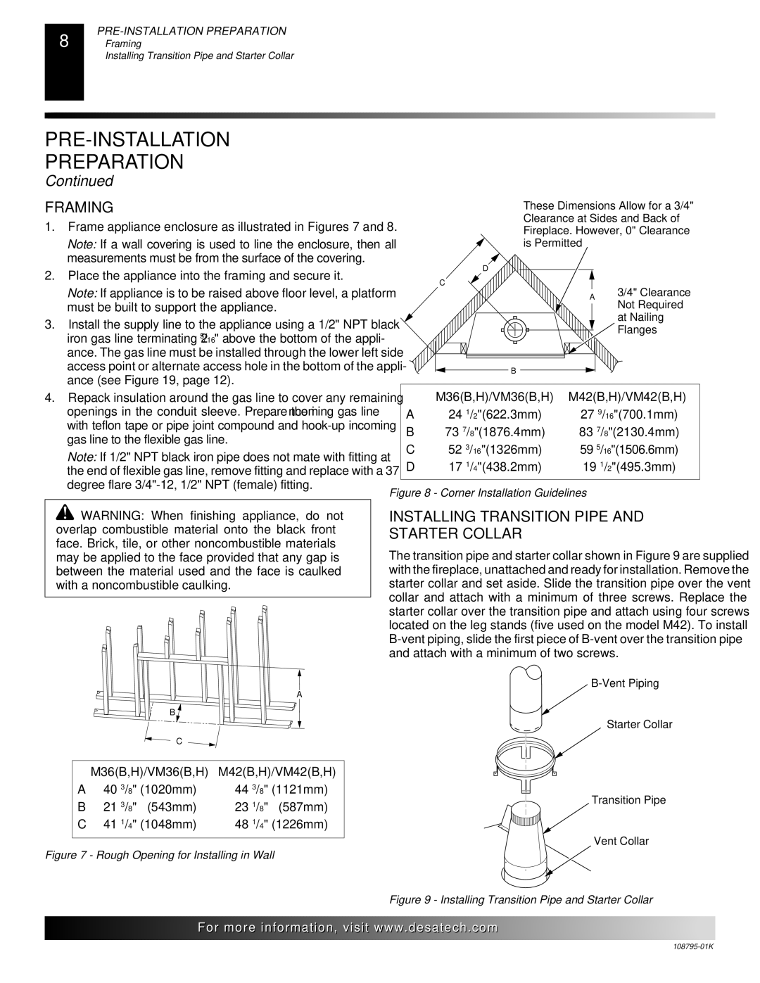 Desa AND VM42 installation manual Framing, Installing Transition Pipe and Starter Collar 