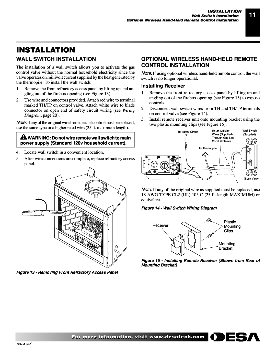 Desa AND VM42 installation manual Wall Switch Installation, Installing Receiver 