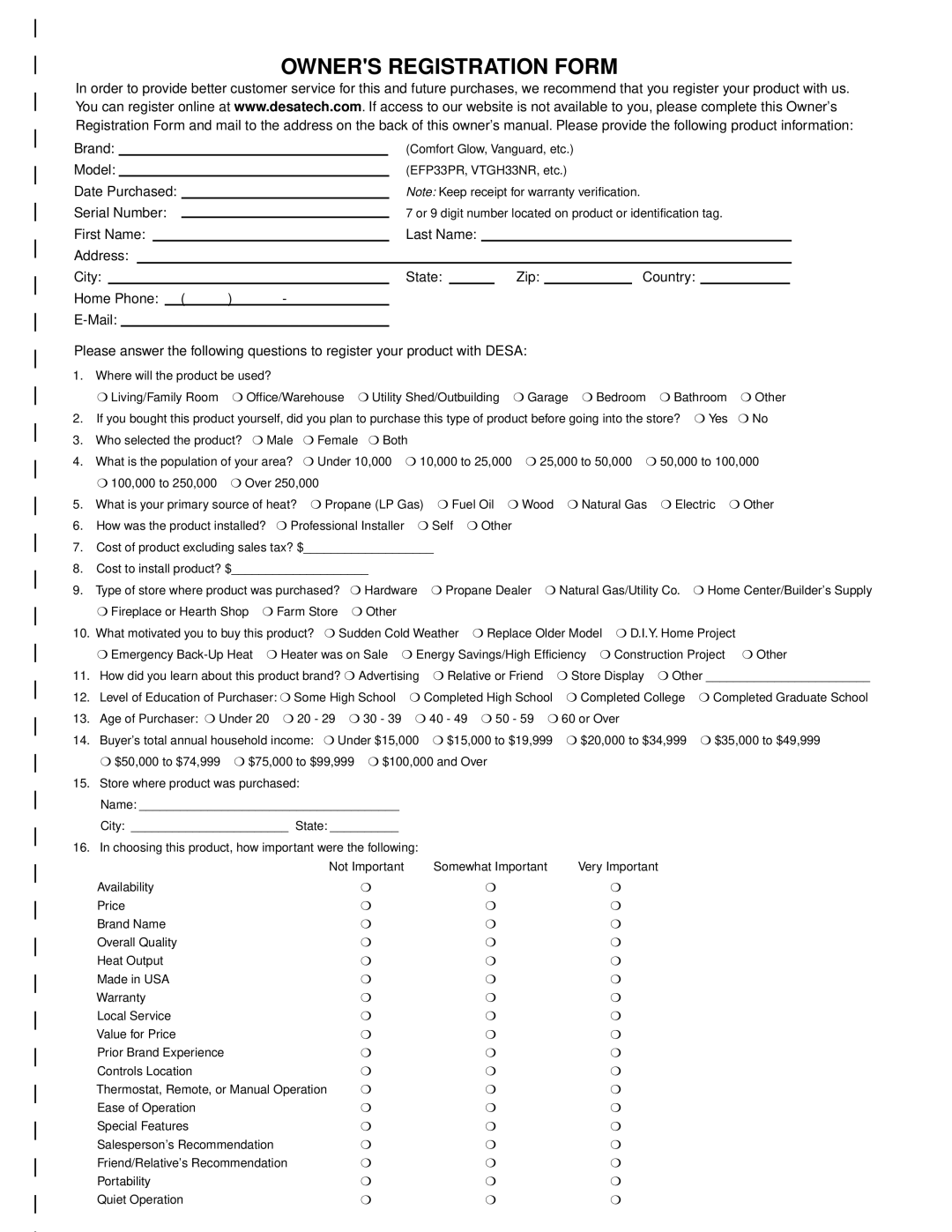 Desa AND VM42 installation manual Owners Registration Form 