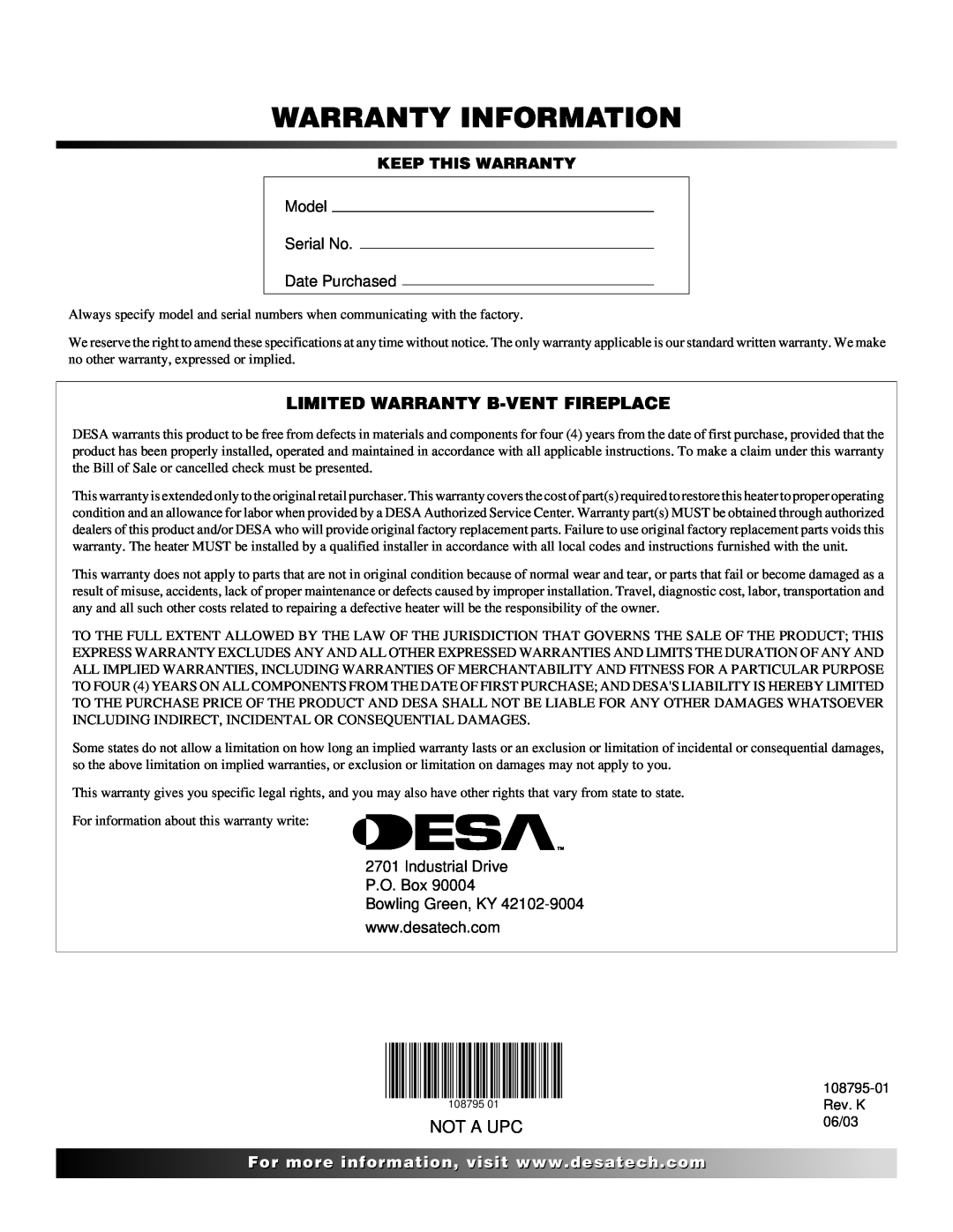 Desa AND VM42 installation manual Warranty Information, Limited Warranty B-Ventfireplace, Not A Upc, Keep This Warranty 