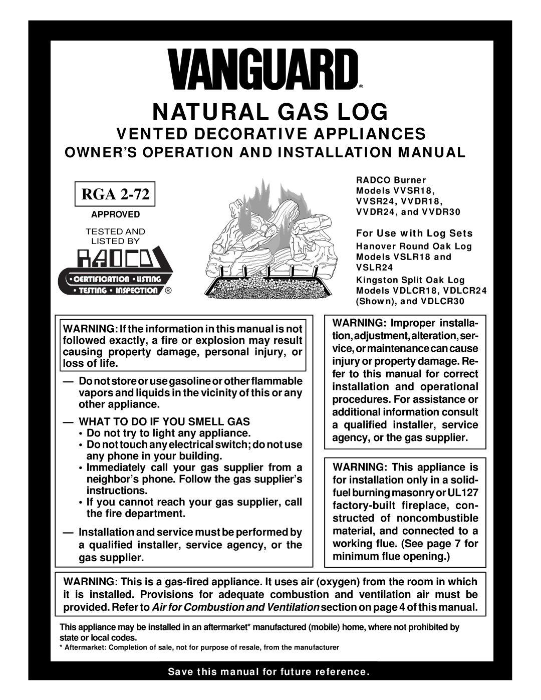 Desa VVDR24, and VVDR30, VVDR18 installation manual OWNER’S Operation and Installation Manual, What to do if YOU Smell GAS 