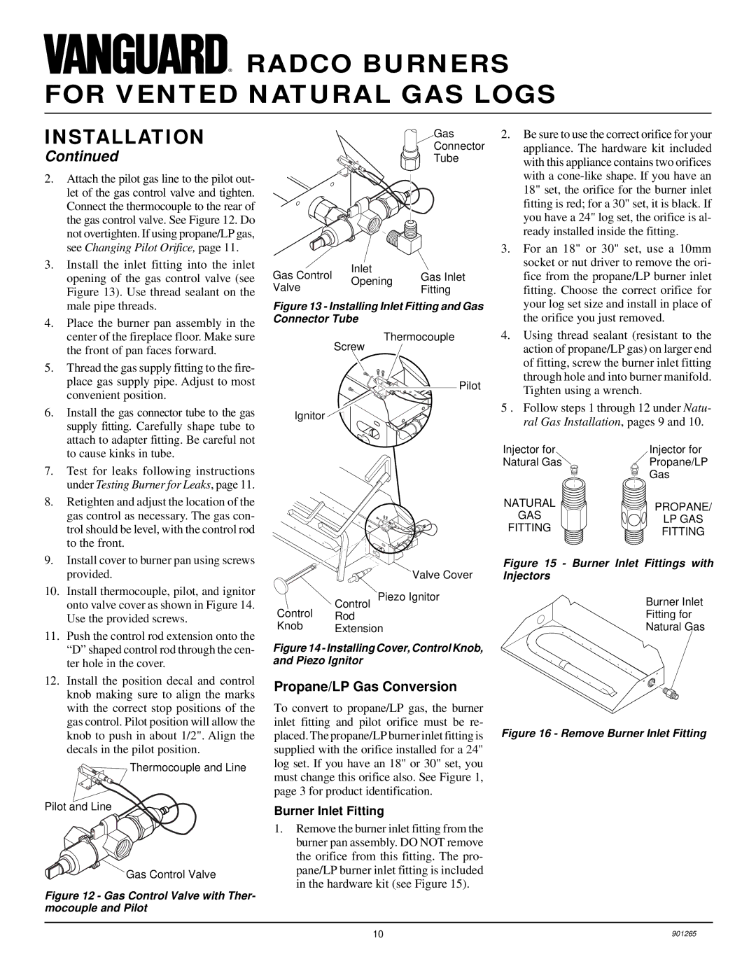 Desa VVDR18, and VVDR30, VVDR24, VVSR24 installation manual Propane/LP Gas Conversion, Burner Inlet Fitting 