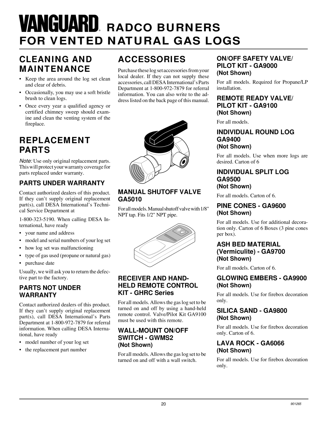 Desa and VVDR30, VVDR24, VVDR18, VVSR24 installation manual Cleaning and Maintenance, Replacement Parts, Accessories 