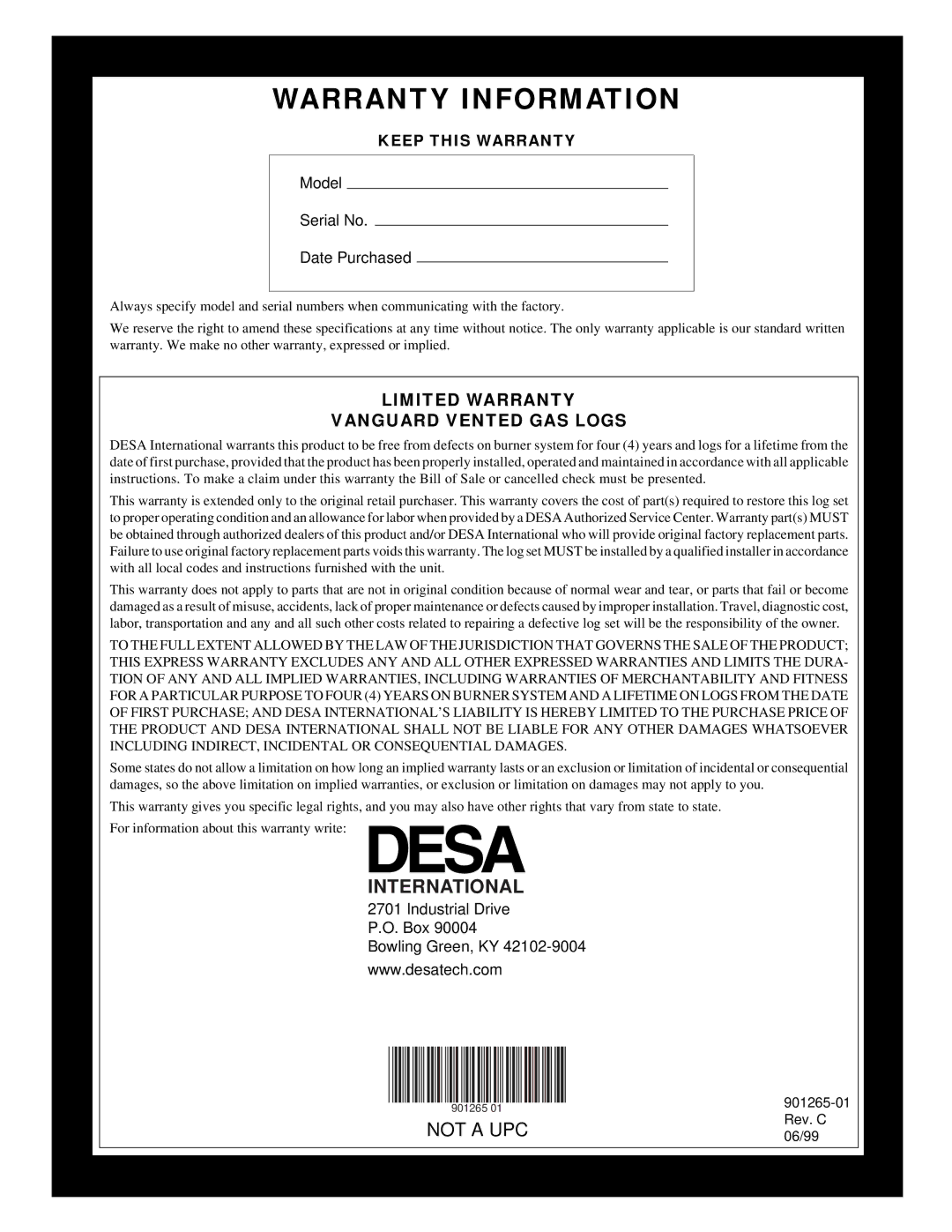 Desa and VVDR30, VVDR24, VVDR18, VVSR24 installation manual Warranty Information, International 