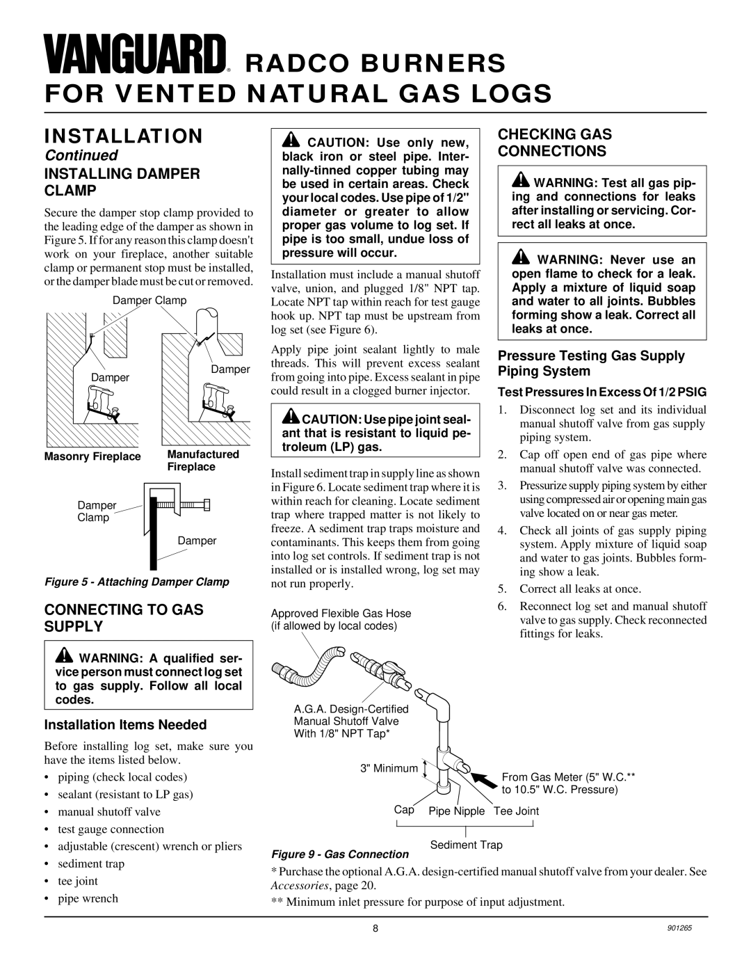 Desa and VVDR30 Installing Damper Clamp, Connecting to GAS Supply, Checking GAS Connections, Installation Items Needed 