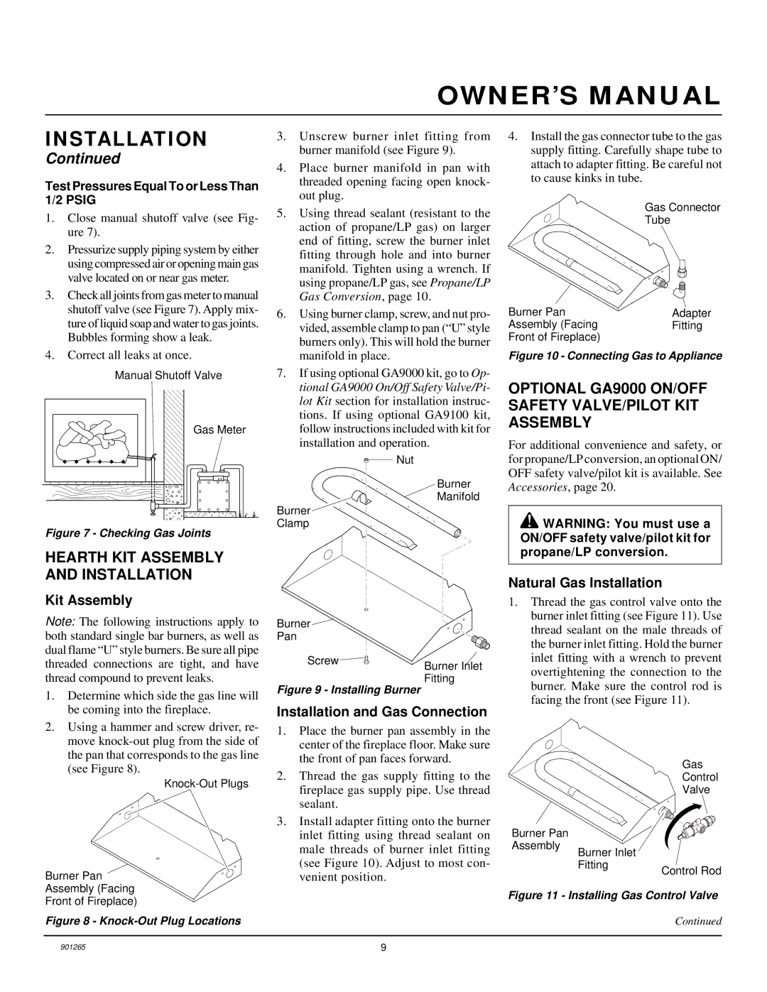 Desa VVDR24 Hearth KIT Assembly and Installation, Optional GA9000 ON/OFF Safety VALVE/PILOT KIT Assembly, Kit Assembly 