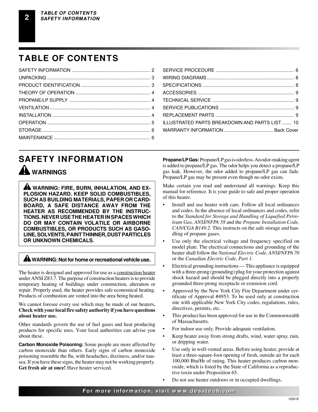 Desa AT Series owner manual Table of Contents, Safety Information 