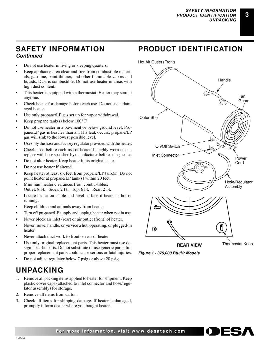 Desa AT Series owner manual Unpacking, Product Identification 