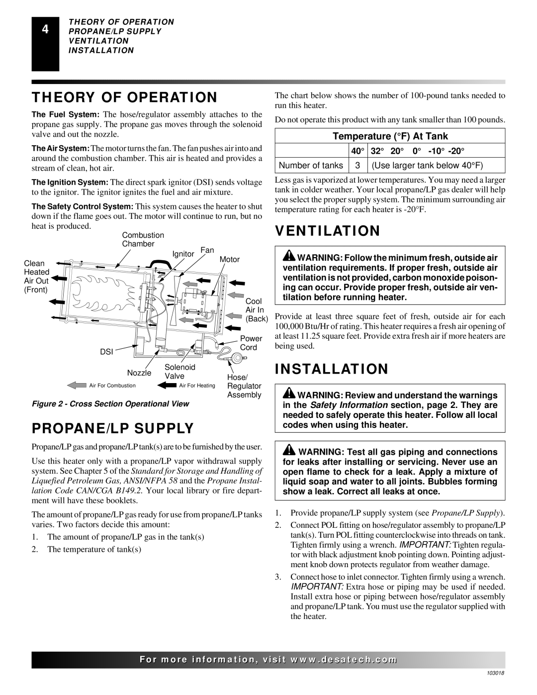 Desa AT Series owner manual Theory of Operation, Ventilation, Installation, PROPANE/LP Supply 