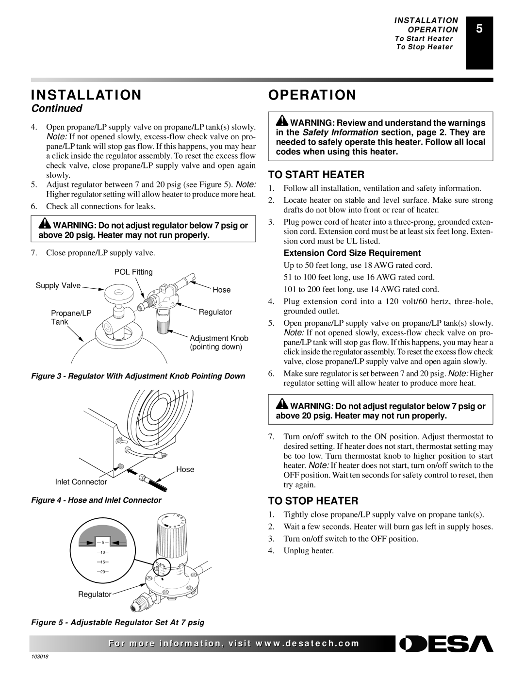 Desa AT Series owner manual Operation, To Start Heater, To Stop Heater 