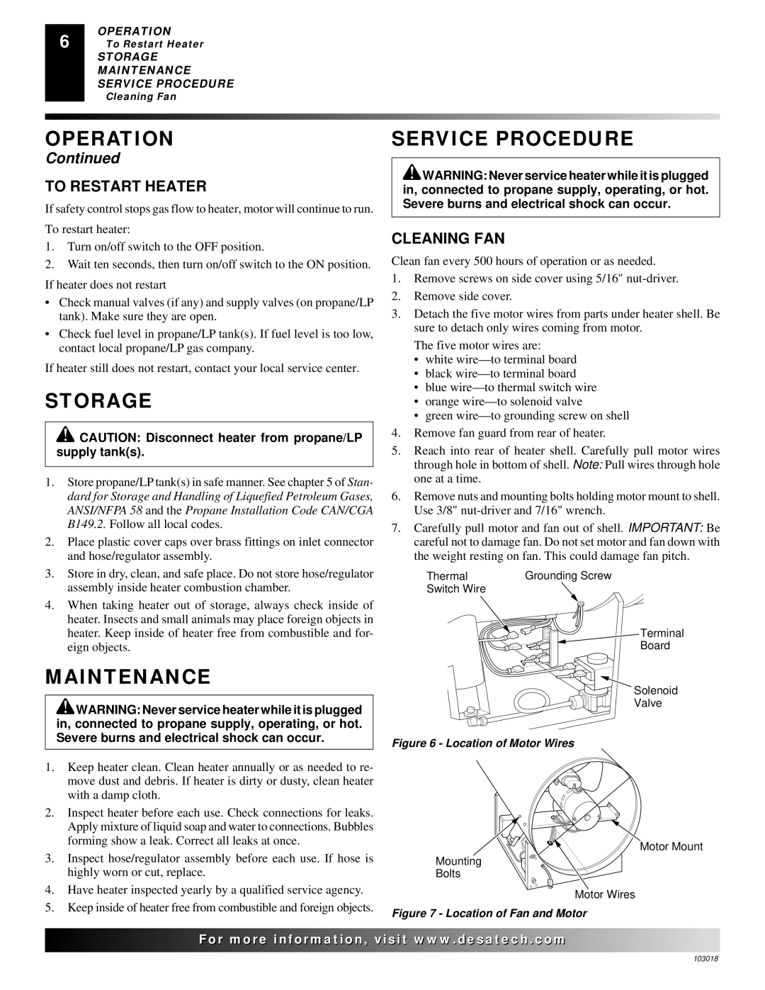 Desa AT Series owner manual Storage Service Procedure, Maintenance, To Restart Heater, Cleaning FAN 