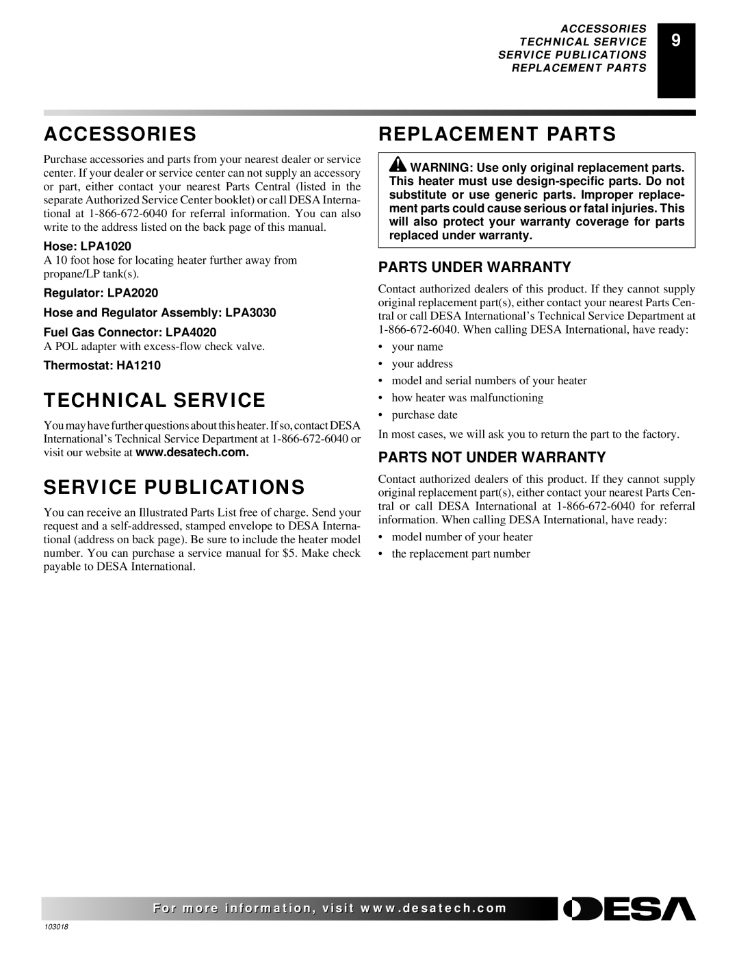 Desa AT Series owner manual Accessories Replacement Parts, Technical Service Service Publications, Parts Under Warranty 