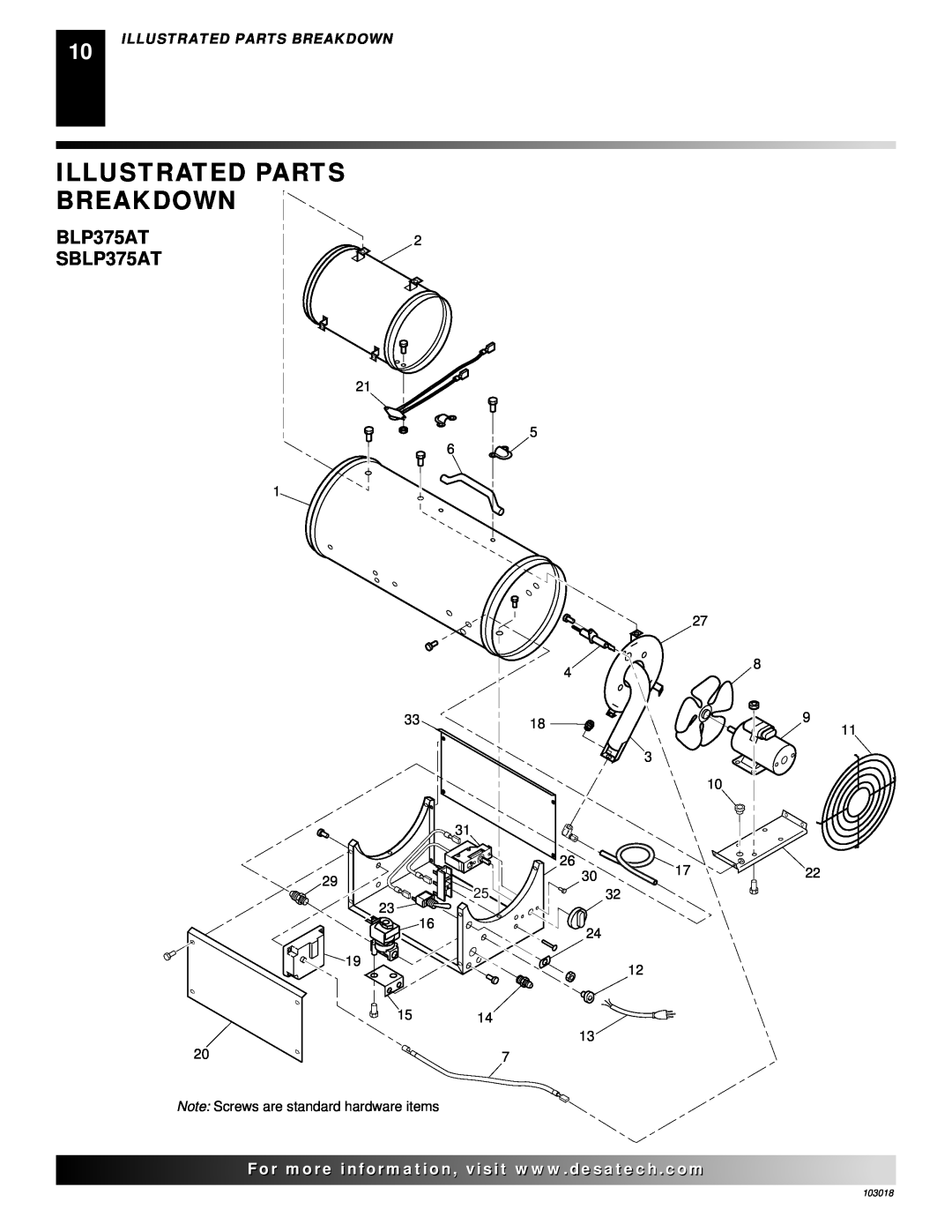 Desa AT Series owner manual Illustrated Parts Breakdown, BLP375AT SBLP375AT, 103018 