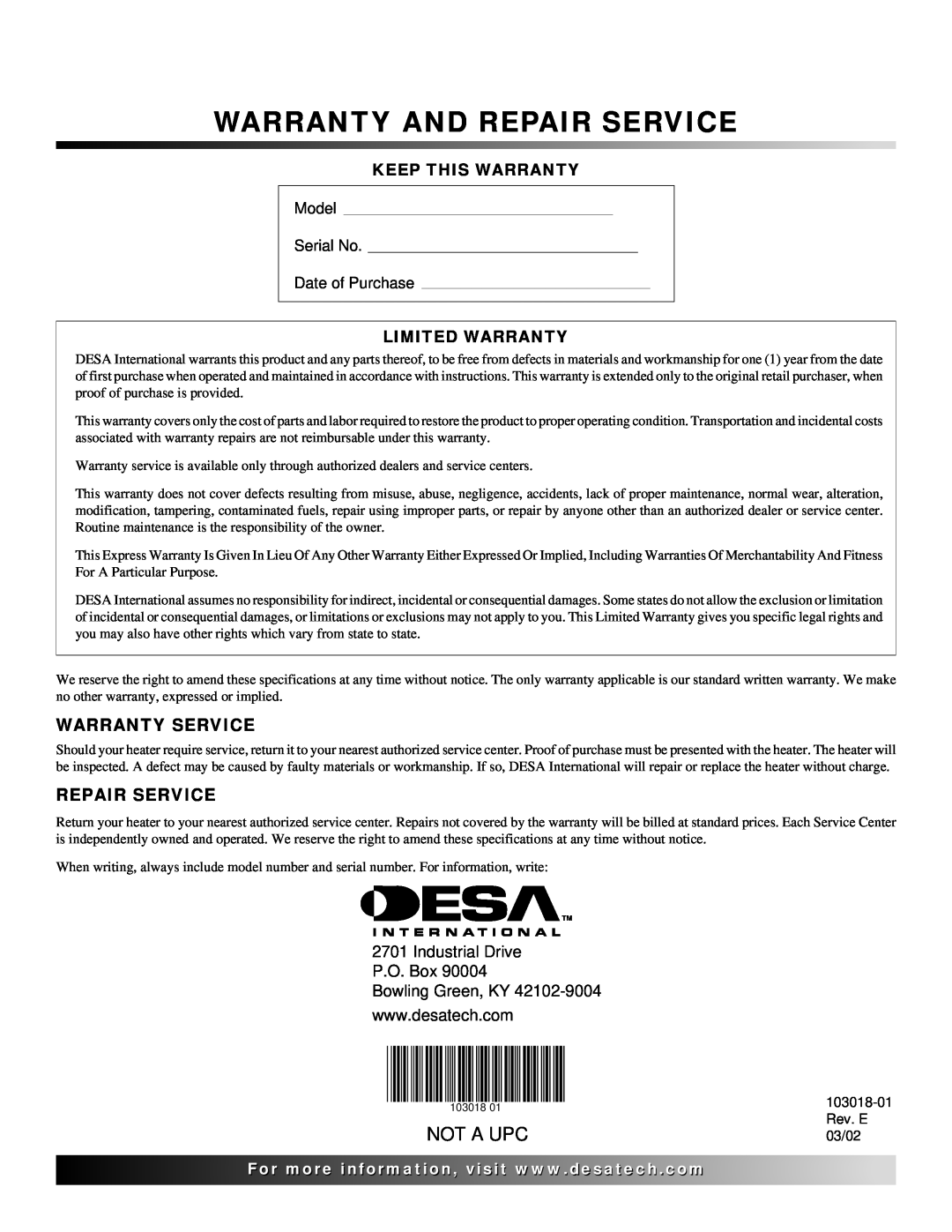Desa AT Series owner manual Warranty And Repair Service, Not A Upc, Warranty Service, Keep This Warranty, Limited Warranty 