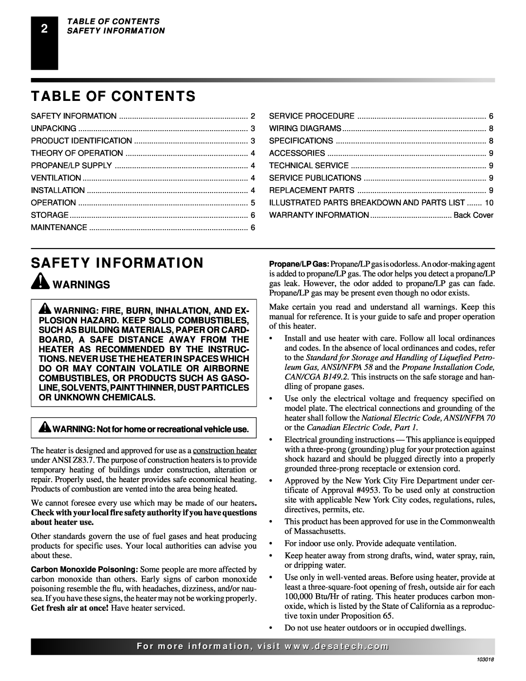 Desa AT Series owner manual Table Of Contents, Safety Information, Warnings 