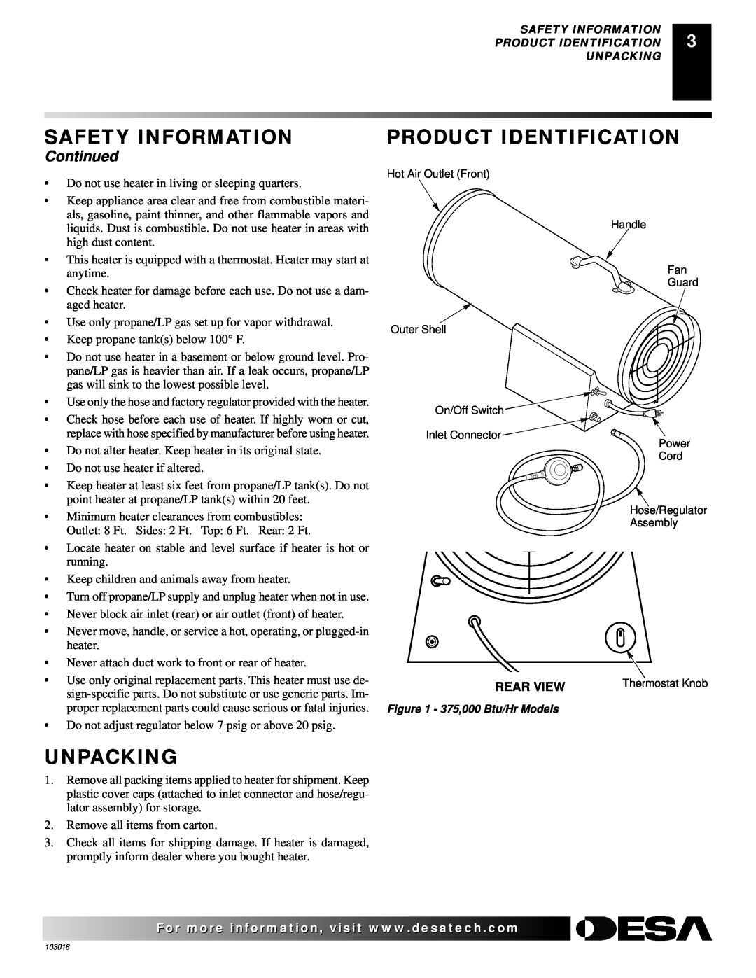 Desa AT Series owner manual Unpacking, Product Identification, Continued, Safety Information 