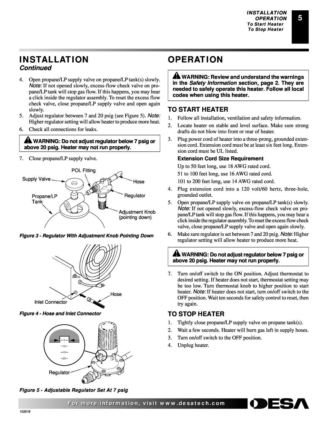 Desa AT Series owner manual Operation, Installation, Continued, To Start Heater, To Stop Heater 