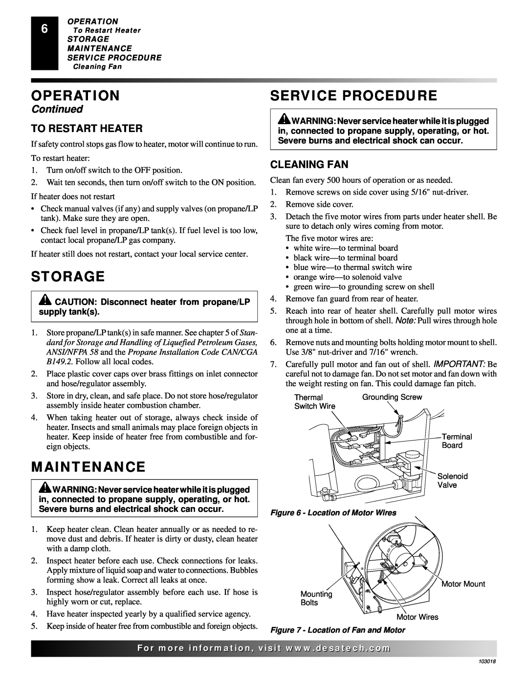 Desa AT Series owner manual Storage, Service Procedure, Maintenance, Operation, Continued 