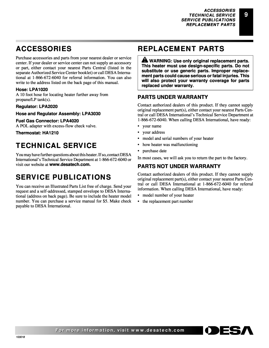 Desa AT Series owner manual Accessories, Replacement Parts, Technical Service, Service Publications 