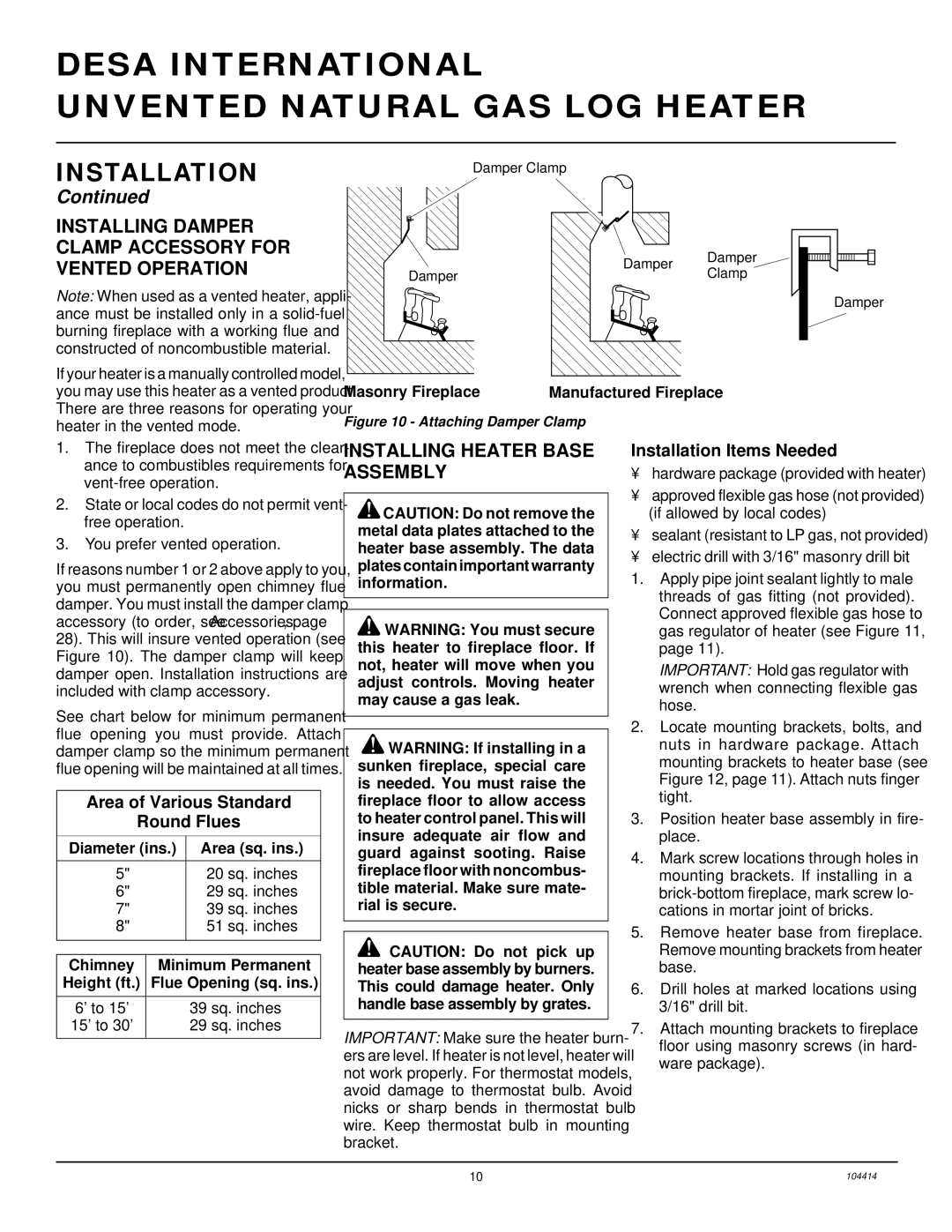 Desa B, C, CFS24NVC VS30N Installing Damper Clamp Accessory for Vented Operation, Installing Heater Base Assembly 