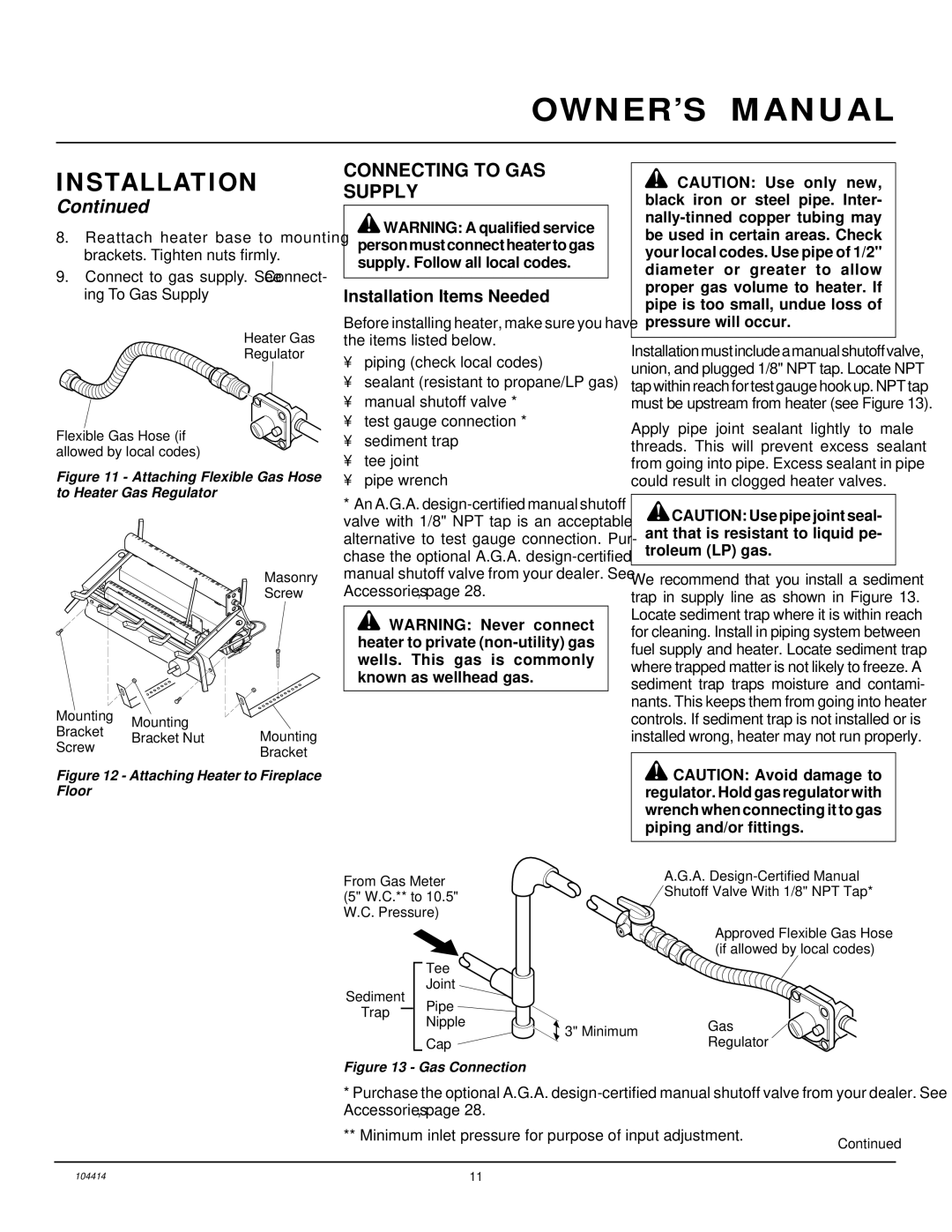 Desa CFS24NVC VS30N, B, C installation manual Connecting to GAS Supply, Attaching Flexible Gas Hose to Heater Gas Regulator 