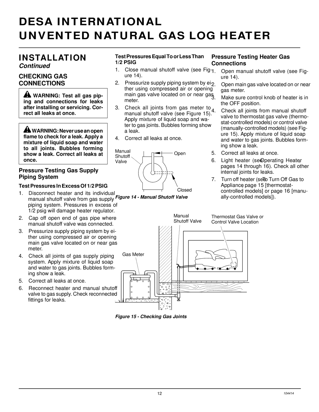 Desa B, C Checking GAS Connections, Pressure Testing Gas Supply Piping System, Pressure Testing Heater Gas Connections 