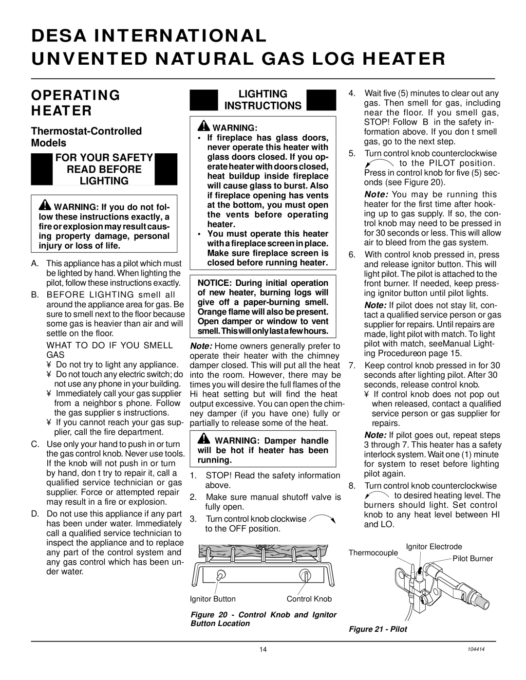 Desa B, C, CFS24NVC VS30N installation manual Operating Heater, For Your Safety Read Before Lighting, Lighting Instructions 