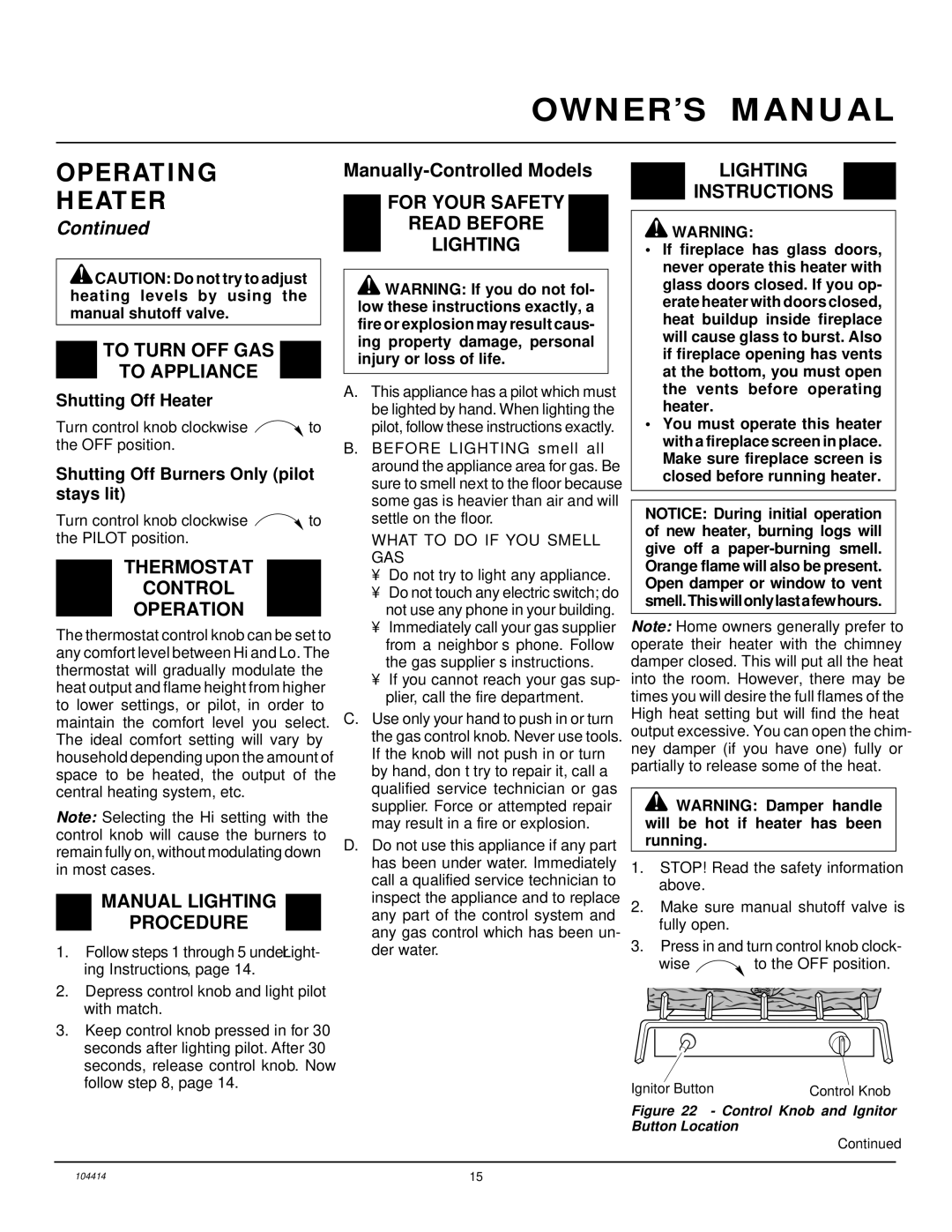 Desa CFS24NVC VS30N, B, C To Turn OFF GAS To Appliance, Thermostat Control Operation, Manual Lighting Procedure 