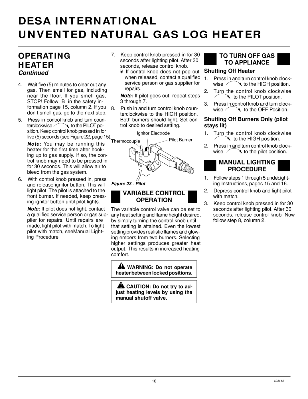 Desa B, C, CFS24NVC VS30N installation manual Variable Control Operation 