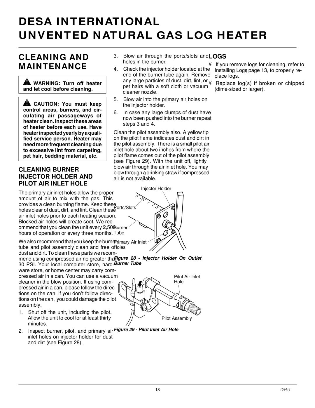 Desa B, C, CFS24NVC VS30N Cleaning and Maintenance, Cleaning Burner Injector Holder and Pilot AIR Inlet Hole, Logs 