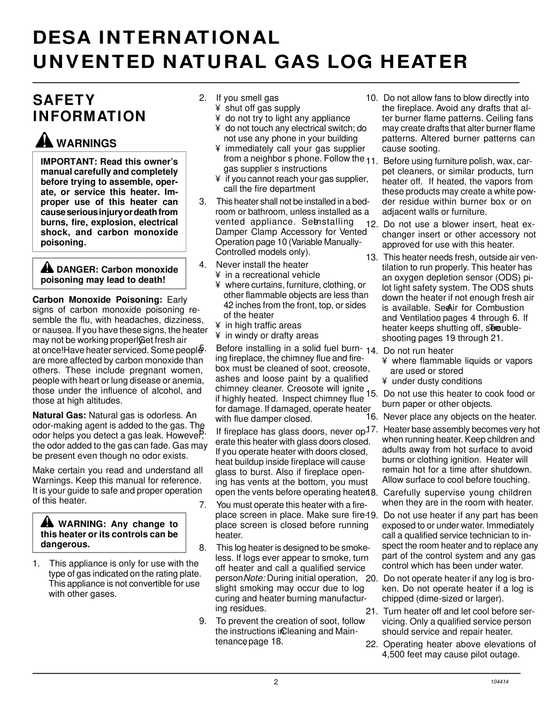 Desa B, C, CFS24NVC VS30N installation manual Desa International Unvented Natural GAS LOG Heater, Safety Information 