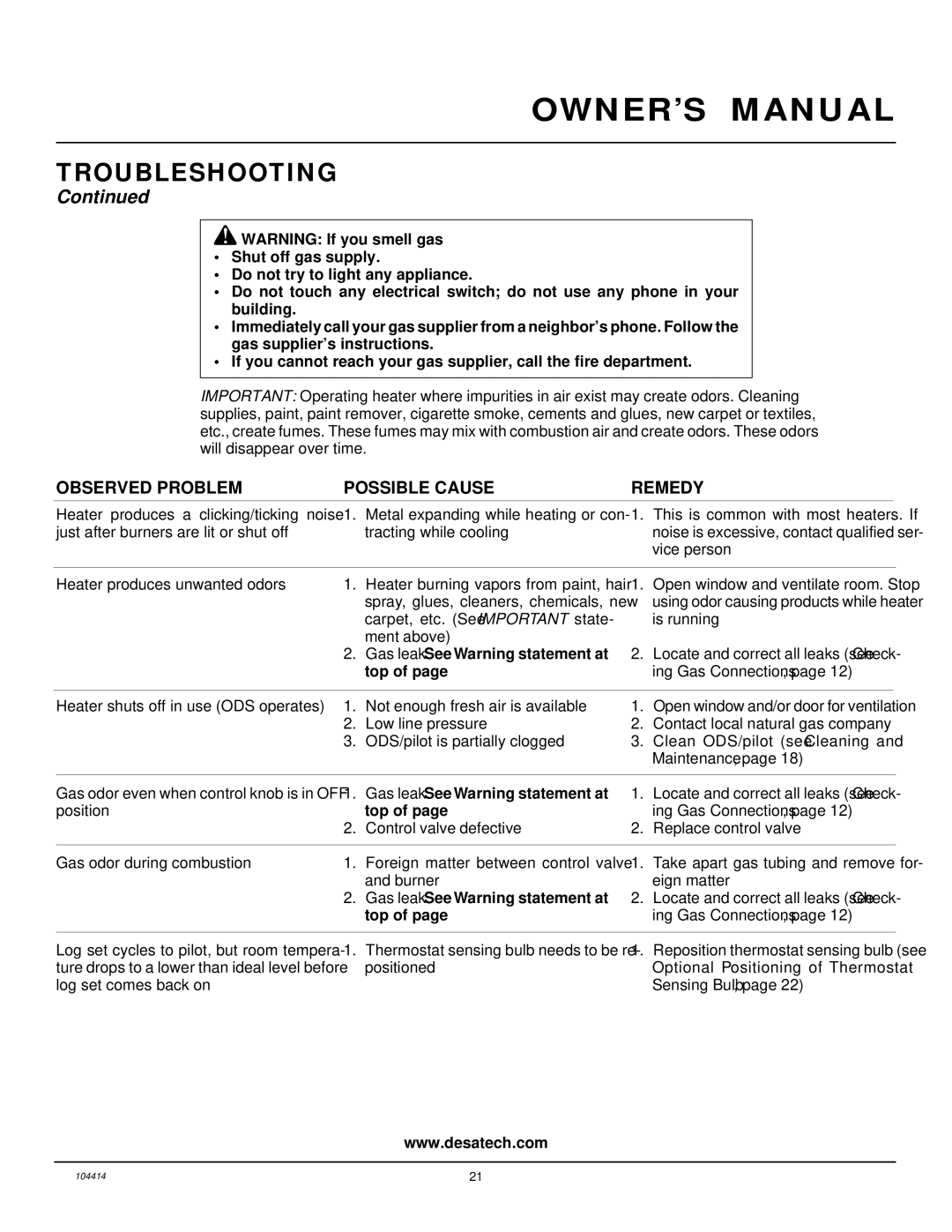 Desa CFS24NVC VS30N, B, C installation manual Gas leak. See Warning statement at 