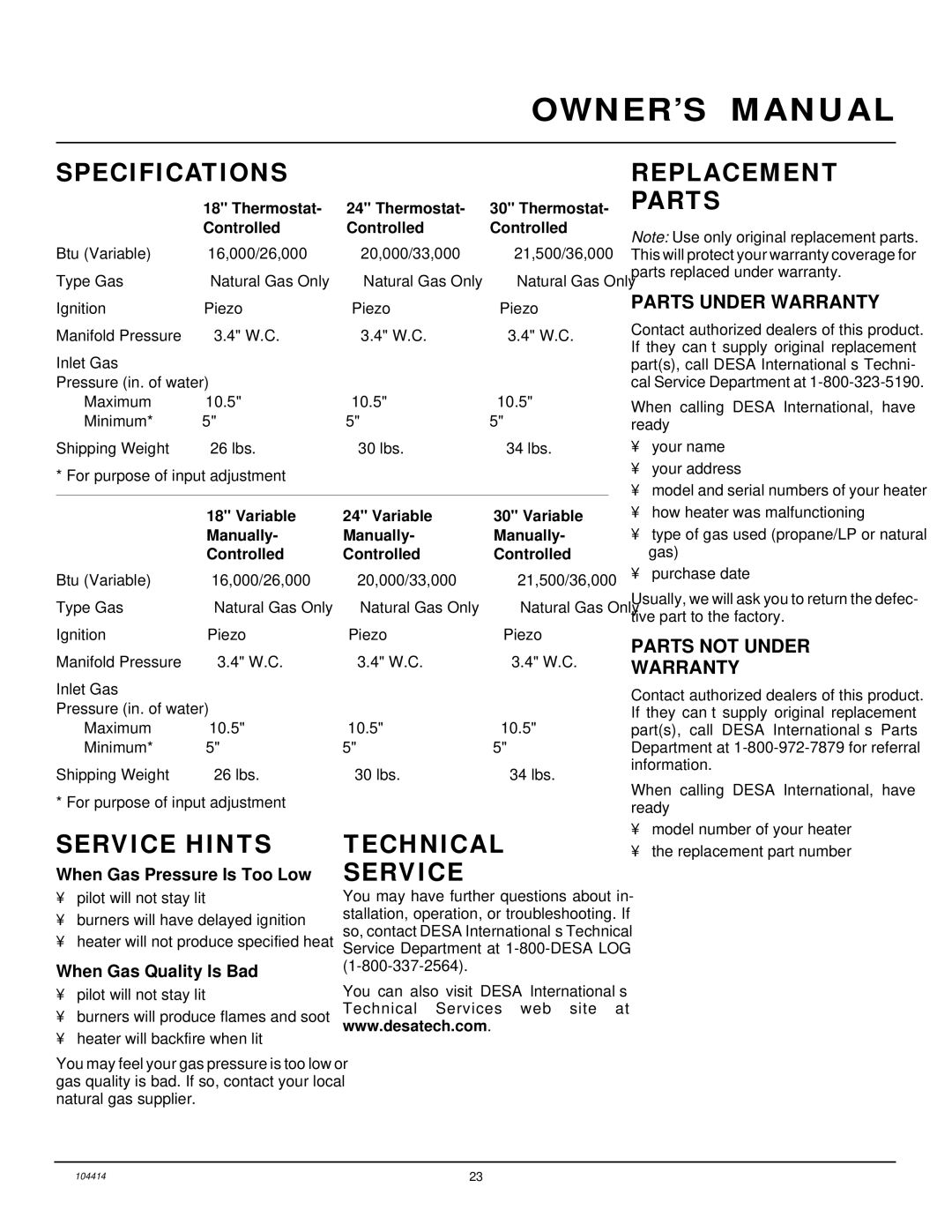 Desa CFS24NVC VS30N, B, C installation manual Specifications, Replacement Parts, Service Hints, Technical Service 