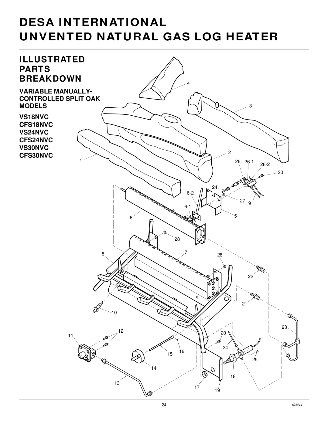 Desa B, C, CFS24NVC VS30N installation manual Illustrated Parts Breakdown, Variable Manually Controlled Split OAK Models 